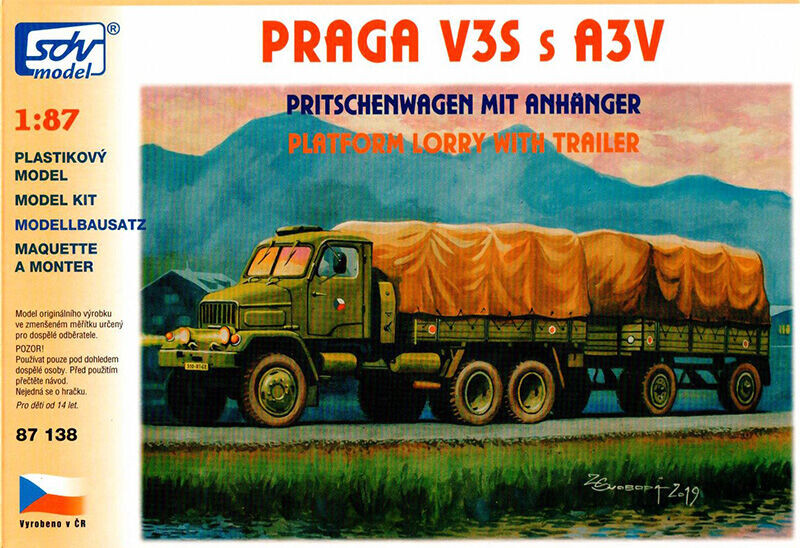 SDV Praga V3S valník, přívěs A3V 1:87